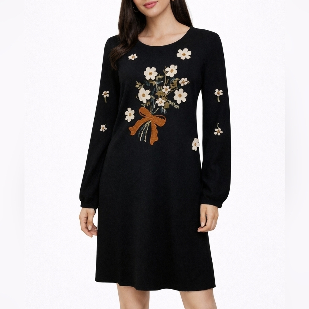Korea YETSHOW Navy Coquette 3D Floral Daisy Embroidered Artsy Long Sleeve Dress